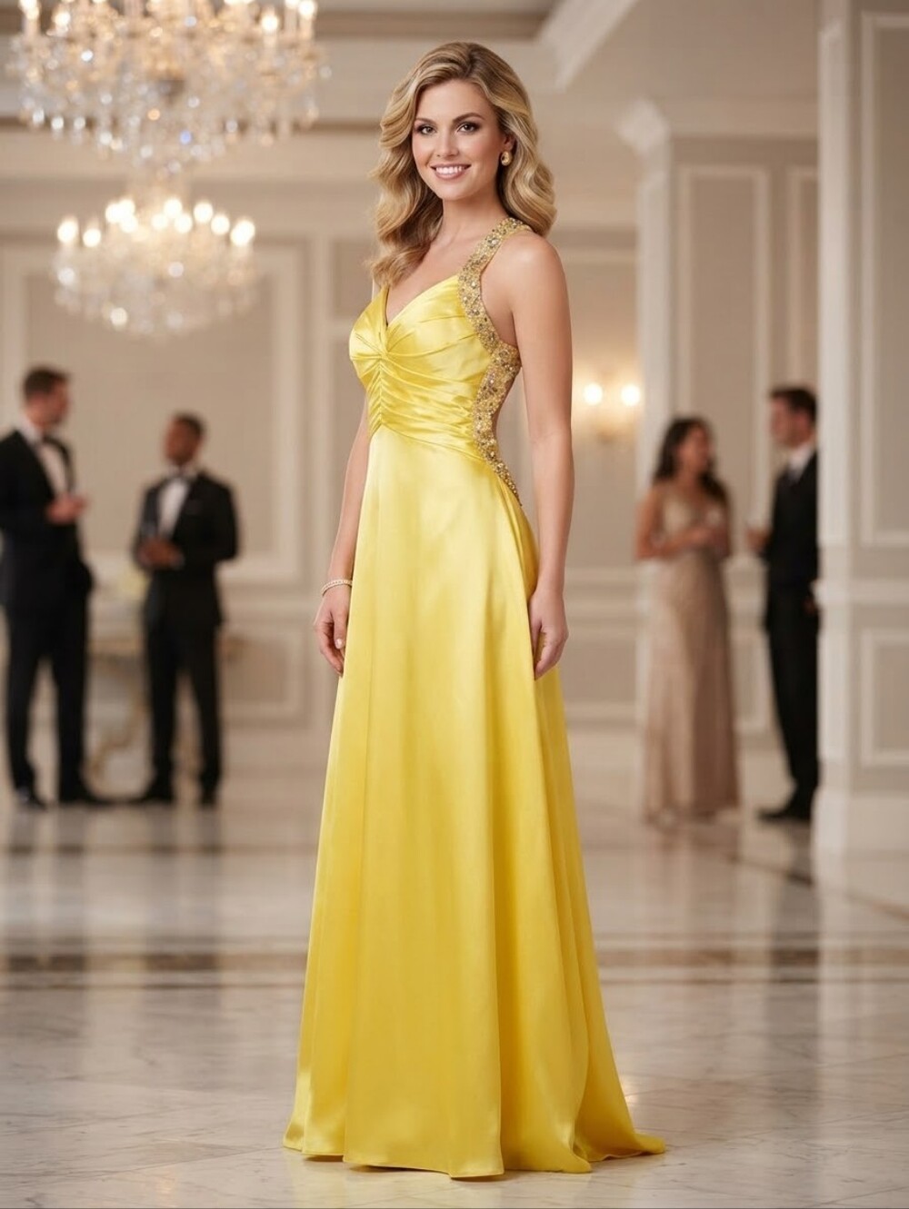 La Femme Yellow Satin Beaded Open Back Prom Formal Maxi Dress Size 2